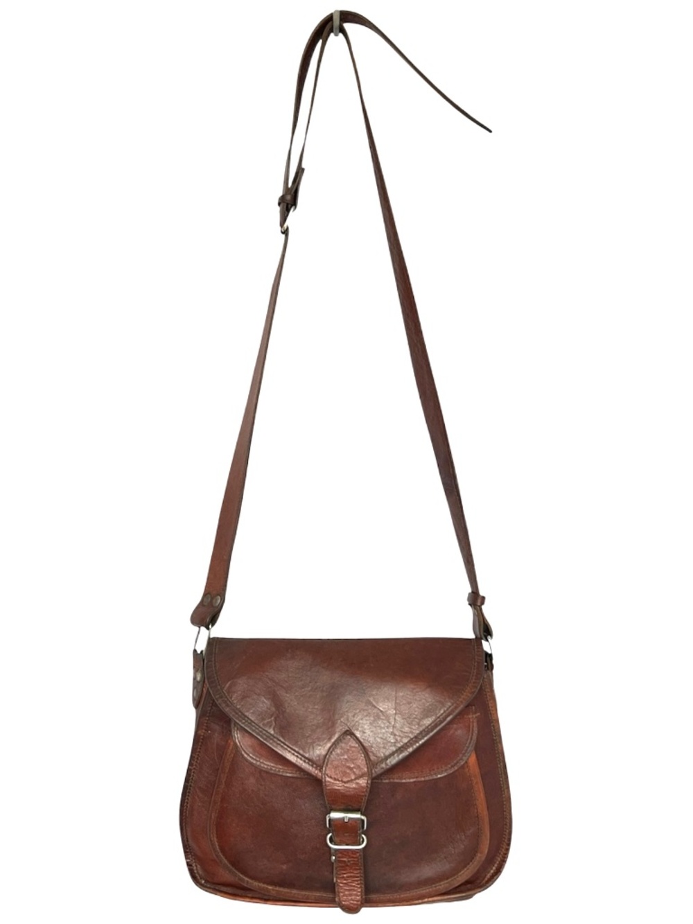 Komals Passion Leather Bag Crossbody Front Pocket Buckle Flap Darkened Patina